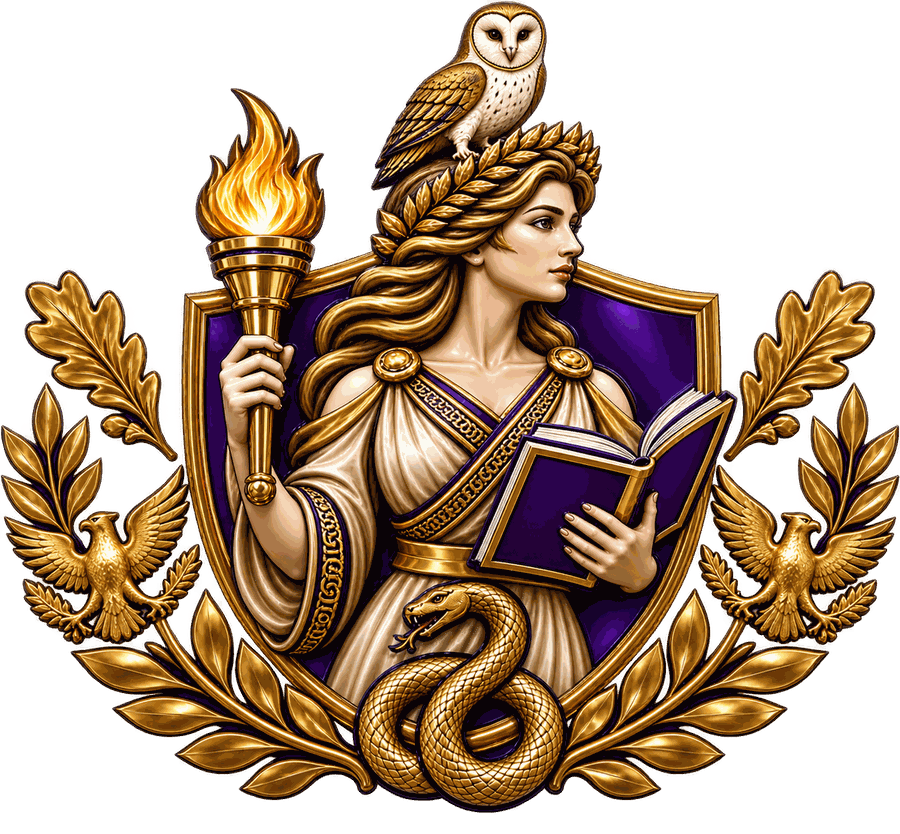 The Military Spouse University crest: Metis holding a torch and an open book, an owl above her, framed by laurel.